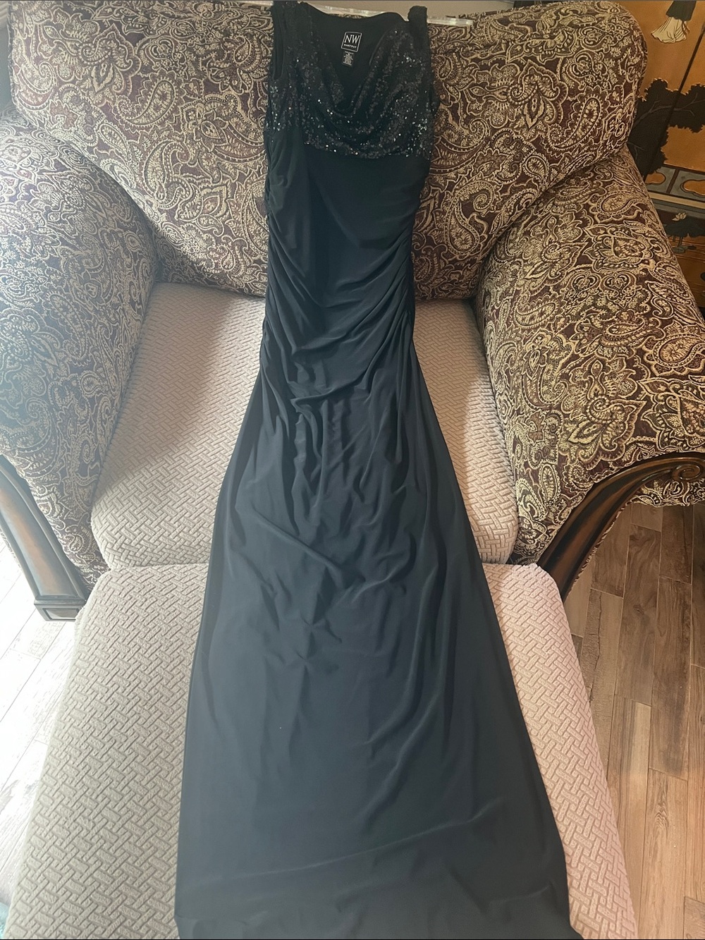 NWOT NW Nightway Black Maxi Dress with Beaded cowl neck Bodice
